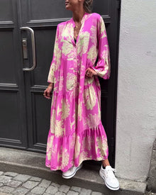 Maxikleid mit Print, Volantärmeln & Stehkragen – Stilvoll & Luftig – Rosa
