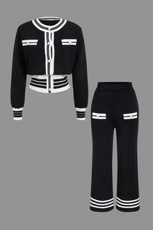 Ariella | Stilvolles Strick-Zweiteiler-Set mit Cropped-Cardigan & Weitbein-Hose – Schwarz