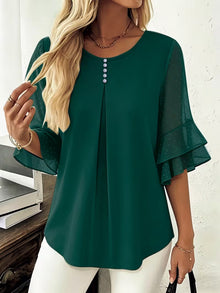 Hurley – Bluse Mit Rundhalsausschnitt Und Transparenten Rüschenärmeln – Dunkelgrün