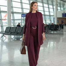 Schickes 3-teiliges Ensemble: Langer Cardigan, Top und Hose – Bordeaux