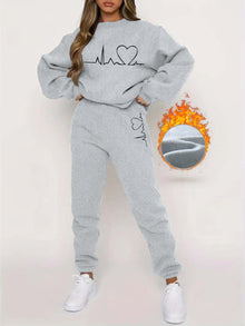 Pullover Mit Rundhals Und Herzschlagdruck & Jogginghose Für Damen | Ideal für Herbst/Winter – Hellgrau