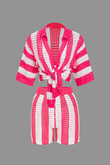 Noemi | Stylisches Häkel-Zweiteiler-Set mit Streifenmuster – Heißes Rosa
