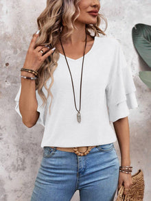 Ella | Halbarm-Bluse mit V-Ausschnitt – Weiß