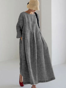 Olivia – Vintage Kleid Mit Streifen Und Lockerer Passform – Grau