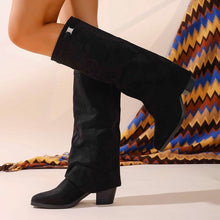 Hohe Damenstiefel im Reiterstil mit Schnalle und niedrigem Absatz – Ariane – Schwarz