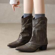 Cowboy-Stiefel für Damen, mittelhoch, mit Nieten und Blockabsatz – Maura – Kaffee
