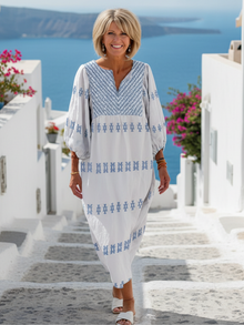 Brigitta | Damen V-Ausschnitt Langarm Maxikleid – Weiß
