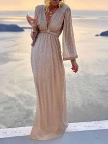 Brigitte | Damen Langarm V-Ausschnitt Maxikleid – Beige