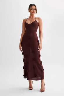Maxikleid mit Spaghettiträgern und 3D-Blumenapplikationen für Damen – Braun
