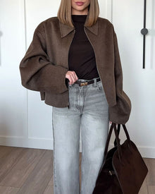 Luxuriöse Damenjacke mit Reißverschluss und übergroßen Ärmeln – Braun