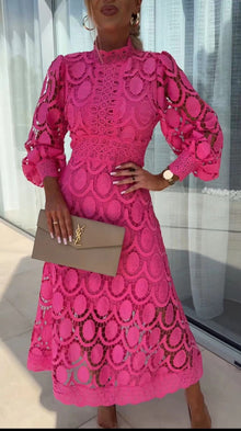Lydia - Langes Damenkleid mit lebhaftem Patchwork – Rosa