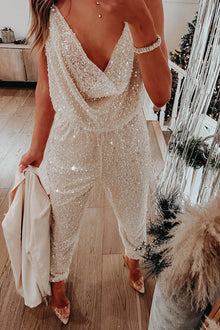 Diva | Ärmelloser Pailletten Jumpsuit mit elastischer Taille für funkelnde Eleganz – Elfenbein