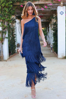 One-Shoulder-Kleid mit Fransen | Fließender Schnitt | Glamouröser Abend-Look – Marineblau