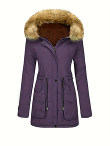 Fleece-Parka-Winterjacke mit veganer Fell-Kapuze für Damen, lässig | Perfekt für den Winter – Lila