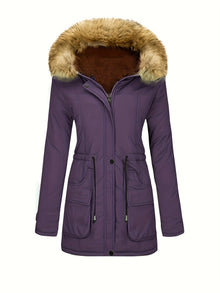 Damen Casual Fleece Parka Wintermantel mit Veganem Fell Kapuze für Damen | Ideal für den Winter – Dunkelviolett