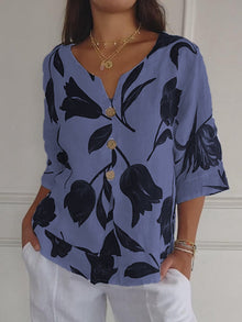 Despoina – Elegantes Oberteil Mit Blumen Muster Und Knöpfen – Blau