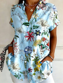 Nabilah - Lässiges Kurzarm Oberteil Mit Blumenmuster – Hellblau