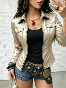 Shiona – Lederjacke Mit Vordertaschen – Champagner