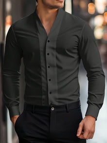 Almasbek - Langärmliges Hemd Mit V-Ausschnitt in Slim Fit Passform – Dunkelgrau