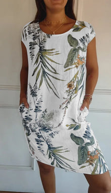 Damen Baumwolle Leinen Bedrucktes Sommerkleid mit Taschen – Weiß Stil 1