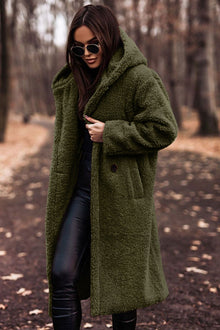 Damen Teddyfell-Mantel mit Kapuze – Stylischer und warmer langer Wintermantel für kalte Tage – Grün