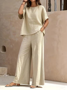 Josy – Set Aus Kurzärmeliger Bluse Und Hose mit Weitem Bein – Aprikose