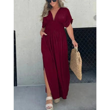 Elegantes Maxikleid Damen Sommer mit Schlitz & V-Ausschnitt | Langes Boho Strandkleid – Burgunderrot