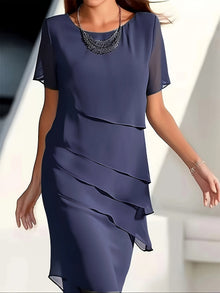 Stylisches Unifarben Geschichtetes Besatz Rundhals Kurzarmformelles Kleid Für Damen | Für formelle Anlässe – Marineblau