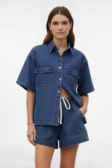 Camellia | Damen High Waist Zweiteiliges Set Bluse Shorts – Blau