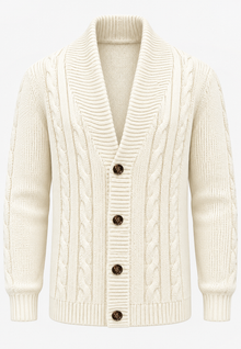 Herren-Strickjacke mit Zopfmuster, Schalkragen und Knöpfen – Gauthier – Weiß