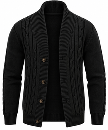 Herren-Strickjacke mit Zopfmuster, Schalkragen und Knöpfen – Gauthier – Schwarz