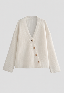 Oversize-Strickjacke für Damen, grob gestrickt, V-Ausschnitt, Knöpfe – Eilika – Weiß