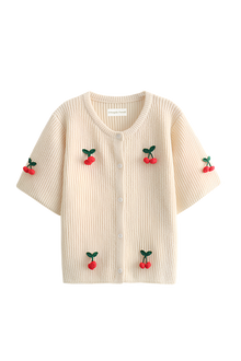 Damen-Strickjacke mit Kirschen-Motiv und kurzen Ärmeln – Culemena – Beige
