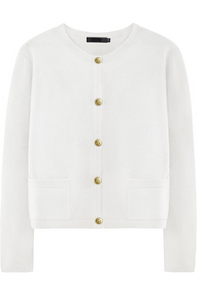 Damen-Strickjacke mit Rundhalsausschnitt, Knöpfen und Taschen – Sorelia – Weiß