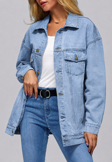 Lange Oversize-Jeansjacke für Damen mit Patten-Taschen – Eira – Blau