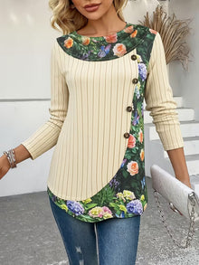 Lucynda – Geripptes Langarm Oberteil mit Print und Knopfdetails – Mehrfarbig