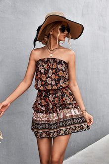 A Linie Kleid trägerlos mit Blumenprint und hoher Taille – Schwarz
