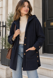 Lange Cordjacke für Damen mit Kapuze und Knopfleiste – Coralie – Marineblau