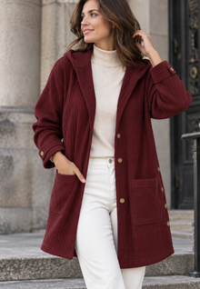 Lange Cordjacke für Damen mit Kapuze und Knopfleiste – Coralie – Braun