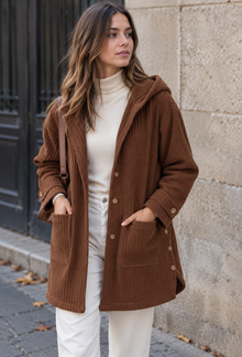 Lange Cordjacke für Damen mit Kapuze und Knopfleiste – Coralie – Kaffee
