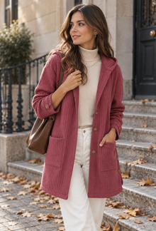 Lange Cordjacke für Damen mit Kapuze und Knopfleiste – Coralie – Rosa