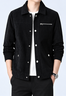 Herren-Cordjacke mit Hemdkragen, Brusttasche und Reißverschluss – Amaury – Schwarz