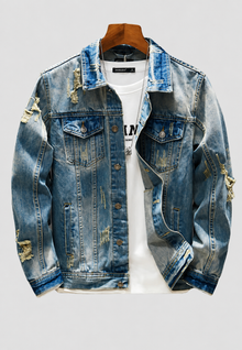 Herren-Jeansjacke in Slim-Fit-Passform mit Rissen und Wasch-Effekt – Levon – Blau