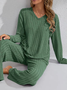 Damen Ripp Lounge Set mit langen Ärmeln – Grün