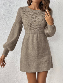 Casual Lochmuster Einfarbiges Strick Laternen Ärmel A-Linie Geraffte Taille Formelles Kleid Für Damen | Für formelle Anlässe – Camel