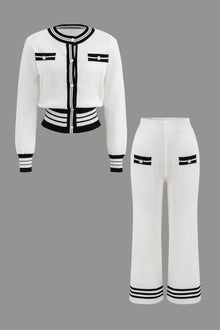 Ariella | Stilvolles Strick-Zweiteiler-Set mit Cropped-Cardigan & Weitbein-Hose – Weiß