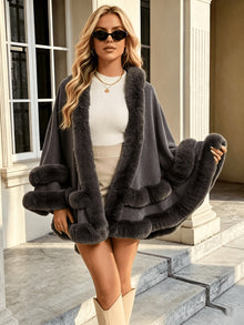 Toriann - Winter Strick Jacke Mit Kapuze Pelzfutter Und Offener Vorderseite – Grau