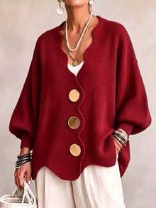 Gilian – Strickjacke Mit Knopfleiste Und Wellenrand – Rot