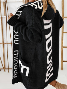 Stilvolle Kapuzen Strickjacke Mit Print Für Damen | Perfekt für Alltag – Schwarz