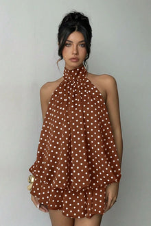 Polka Dot Halfter Minikleid mit rückenfreier Schnürung – Braun